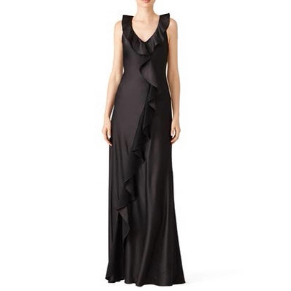 Aidan Mattox Black Satin Ruffle Front Sleeveless Maxi Dress 2 - Picture 1 of 13